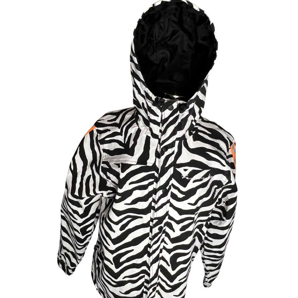 Fairplay, women’s Shiloh jacket zebra print black white zipper snaps 2 pockets